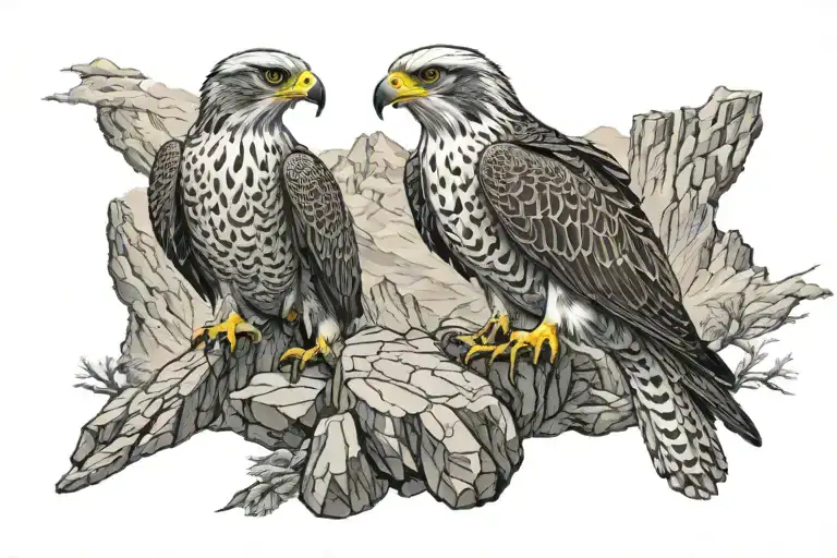 Mountains With Periguine Falcon Perched On Rocks Surrounded