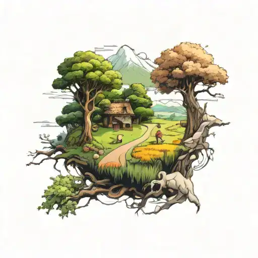 A Detailed Drawing Of A Country Landscape With Hidden Video Game References And Anime Characters
