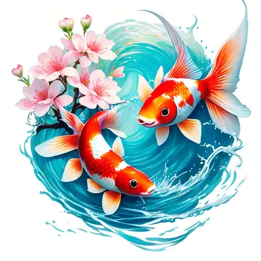 Cherry Blossom And Two Koi Fish Swimming