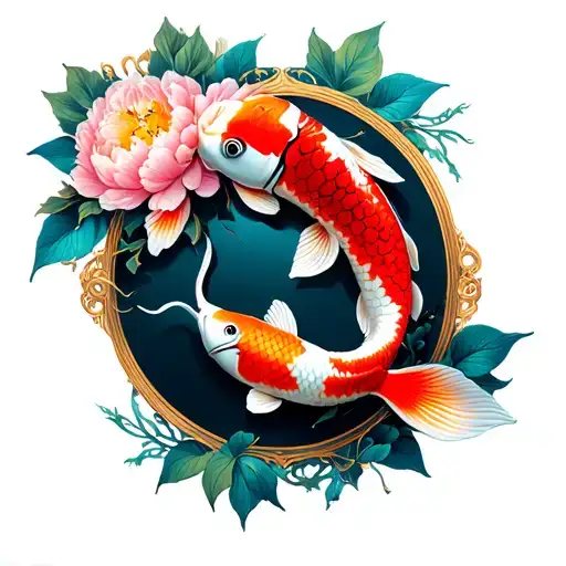 Art Nouveau Style Koi Fish With A Midnight Background With Peonies With A Circular Frame