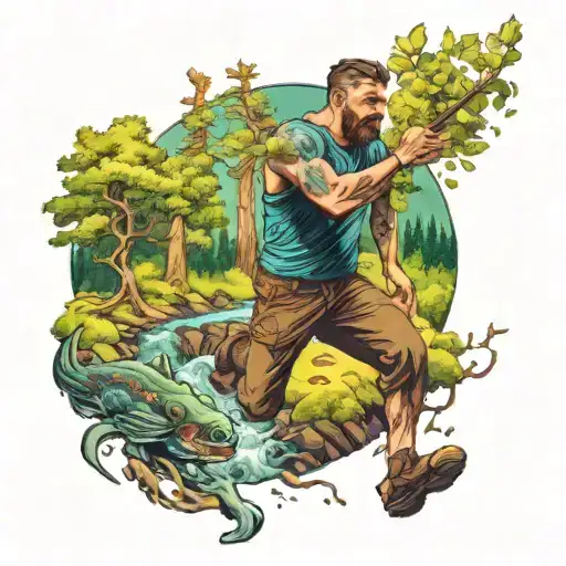A Man Fighting His Way Through A Forest With A Stream And Mountain