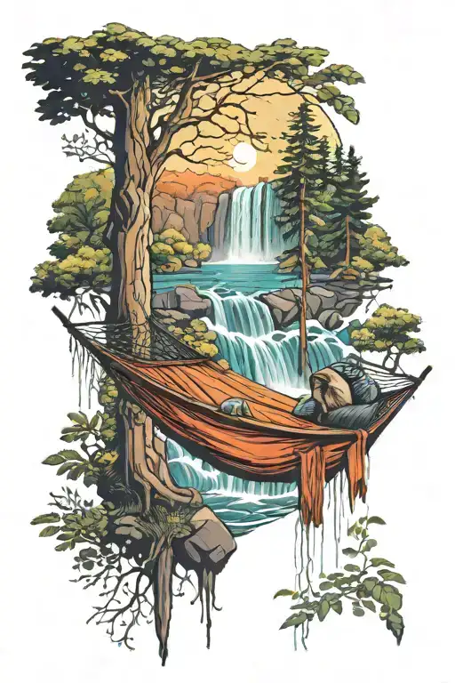 A Hammock In The Woods Beside A Raging River With A Majestic Waterfall