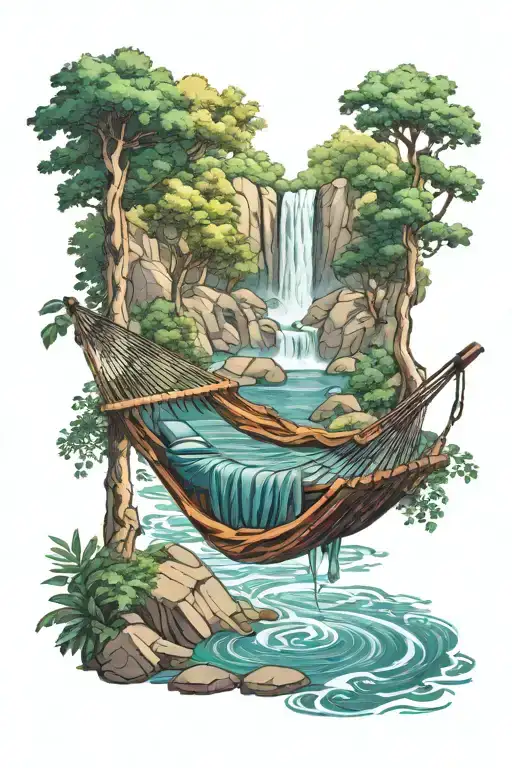 A Hammock In The Woods Beside A Raging River With A Majestic Waterfall