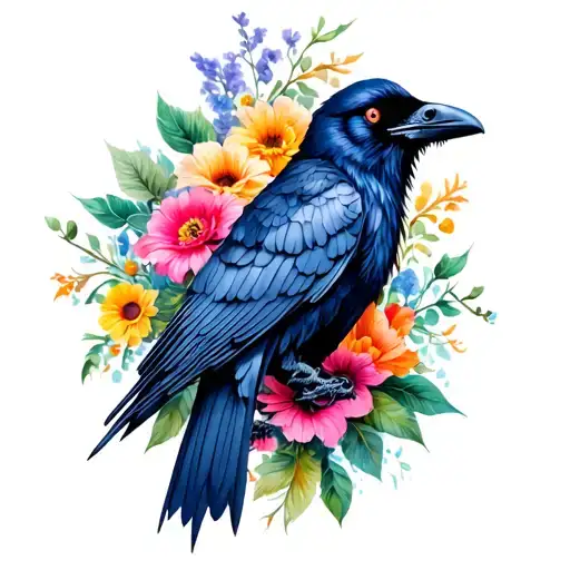 Colorful Flowers Crow Skeleton