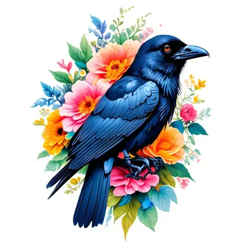 Skeleton Colorful Flowers Crow