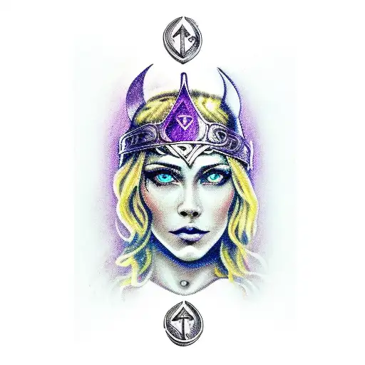 Dagger With Viking Letters And A Quote From Freya Surrounded By Dark Purple Roses