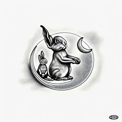 Crescent Moon With Rabbit And Monkey Sitting On It Joyfully