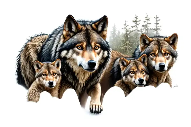 Mother Wolf With Multiple Cubs