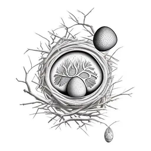 Tree With Mother Bird And Father Bird With A Nest That Has Two Eggs In It