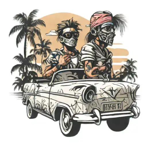 Girl And Guy With Ski Masks In A Car In A Cuban Like Road With Palm Trees