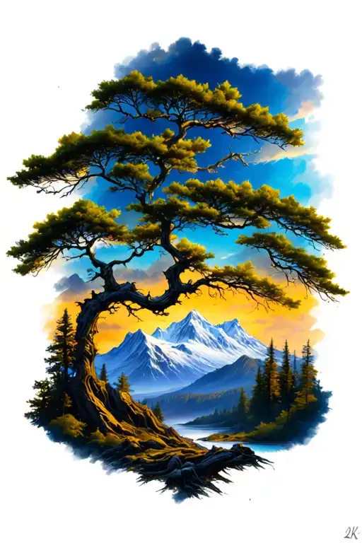 Tree Branches And Mountain Landscape Tattoo