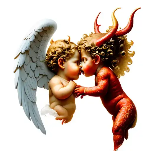 Cherub Angel And Cherub Devil Whispering Into An Ear