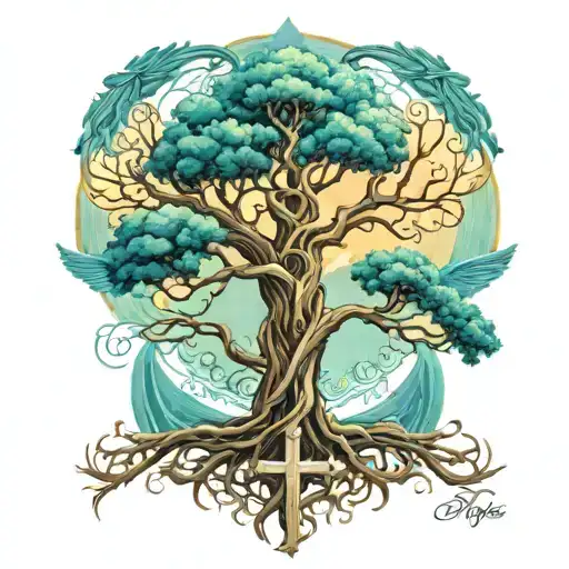 A Tree Of Life Intertwined With A Cross With An Angle With Wings Spread Above The Cross