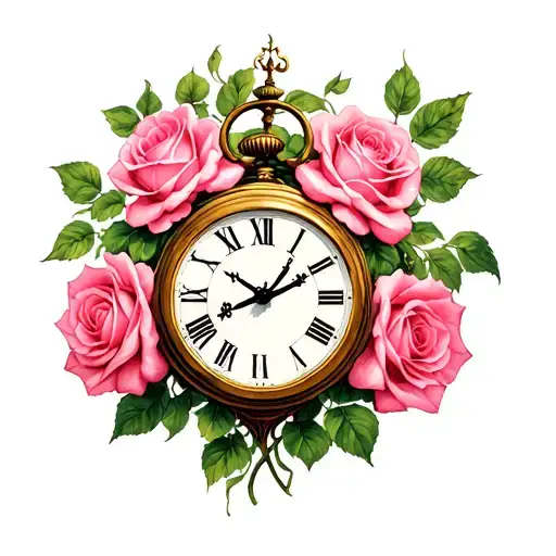 Pink Roses And A Clock