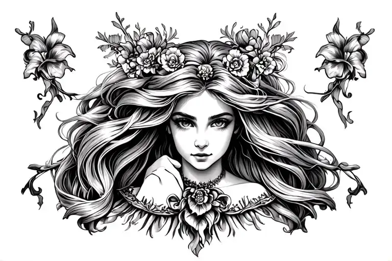 Create A Black And White Tattoo Design Featuring A Central Figure Of Rapunzel