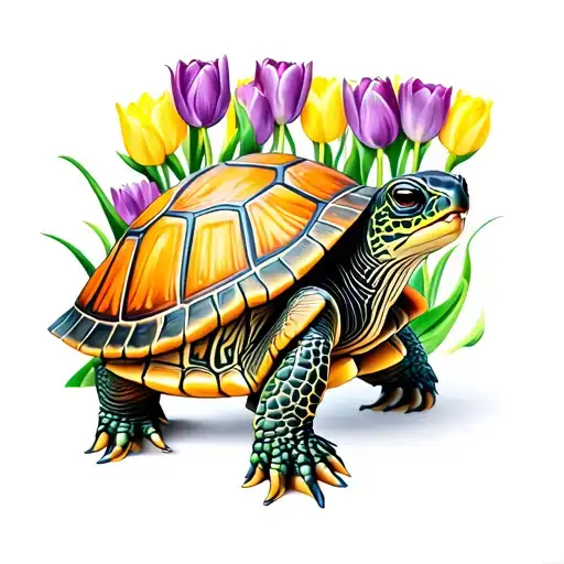 Turtle Tattoo With Yellow And Purple Tulips