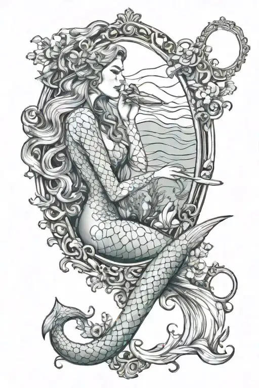 Mermaid Girl Looking In Mirror Reflecting