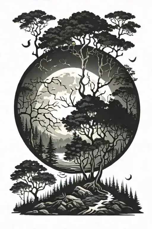 Dark Forest Landscape With Moon Tattoo