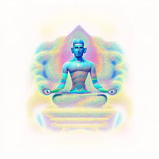 A Strong And Stoic Figure Meditating In A Psychedelic Landscape