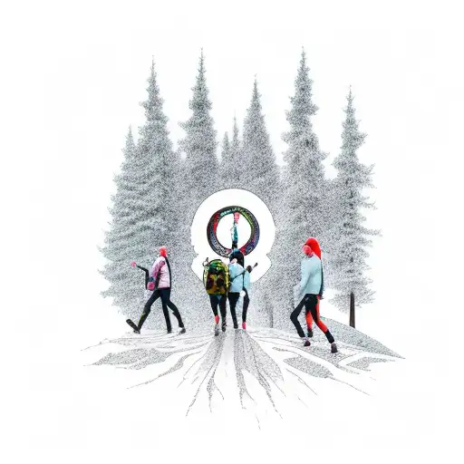 A Group Of Friends Hiking Through A Forest With A Banner That Says 'Retsentets'