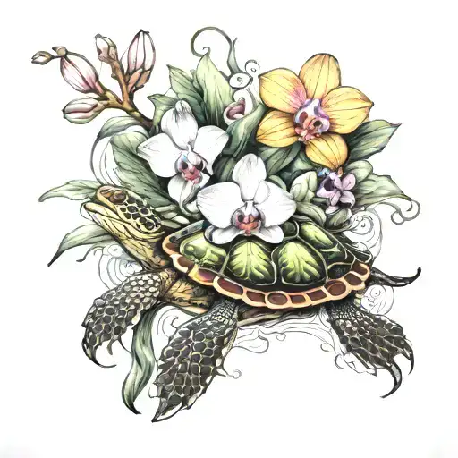 Orchid Surrounding A Turtle With 4 Names That Look Like A Vine