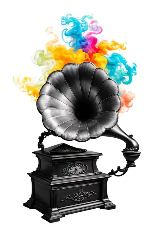 Black And White Gramophone With Colored Smoke Bellowing Out Of The Sound Hole
