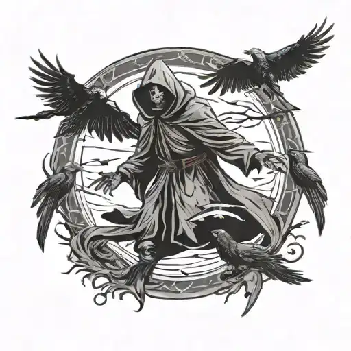Grim Reaper With All Seeing Eye For Eyes And Ravens Flying Overhead
