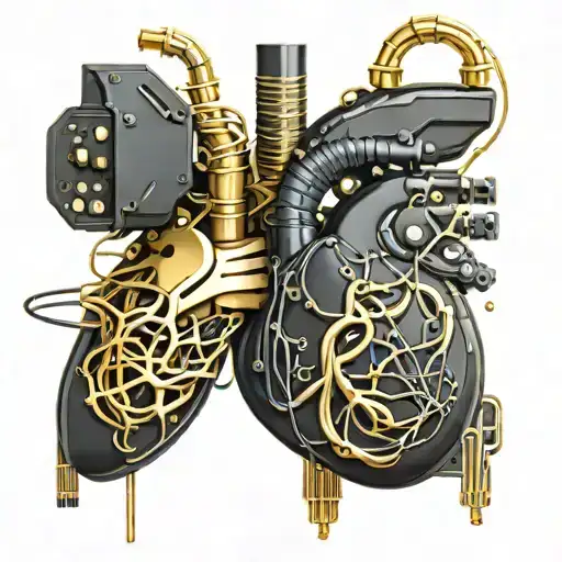 Black And Gold Circuit Board Connected By Wires To A Realistic Human Heart Blood