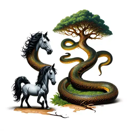 Minature Horses With Slithering Snakes And Scary Tree