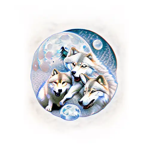 Wolf With 5 Pups Howling At The Moon