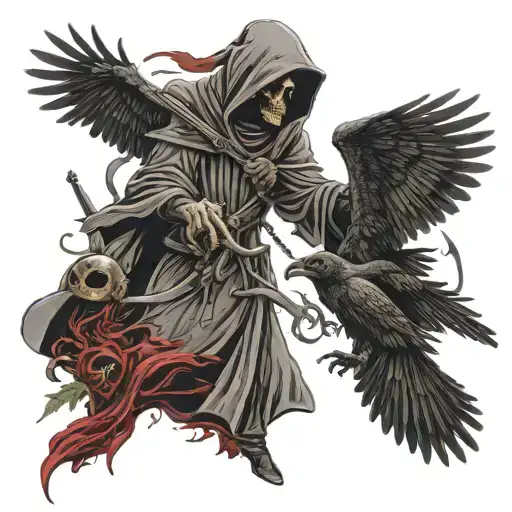 Grim Reaper With All Seeing Eye And Ravens Flying Overhead