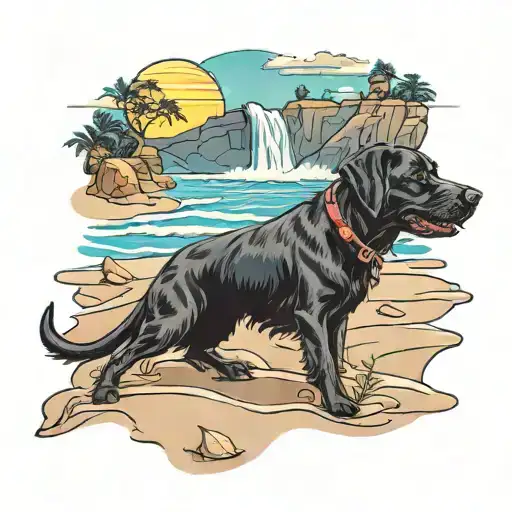 A Black Lab Dog Playing On A Sandy Beach With A Waterfall In The Background