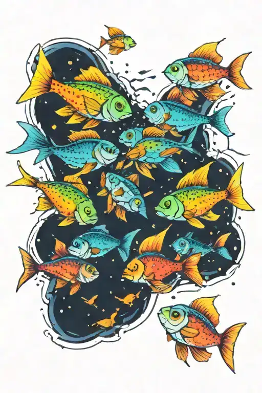 A Traditional Tattoo Of A School Of Neon-colored Fish Swimming In Space