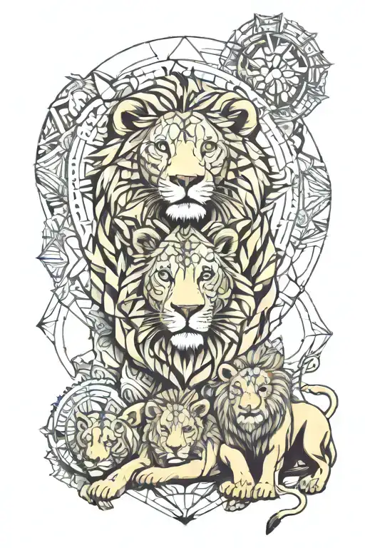 Mandala With Geometric Figures And Lion With Cub