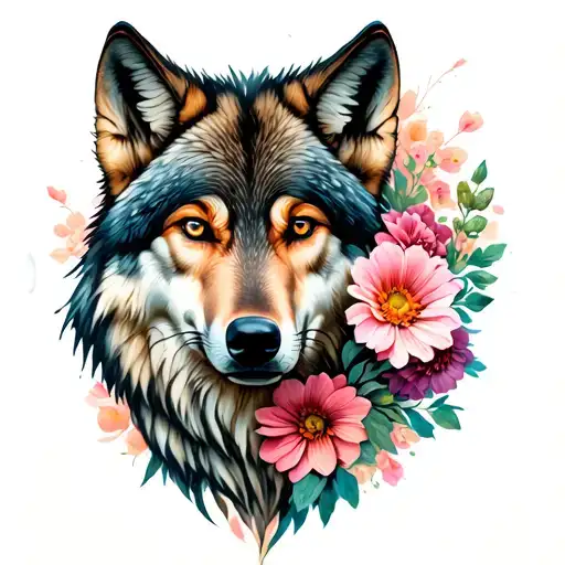 Wolf With Flowers Blooming