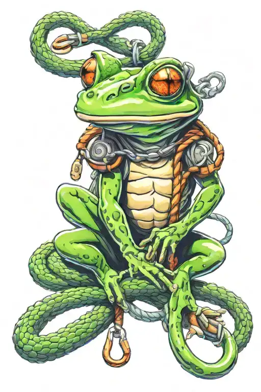 Frog With Carabiners And Climbing Rope Coiled Snake Wrapped