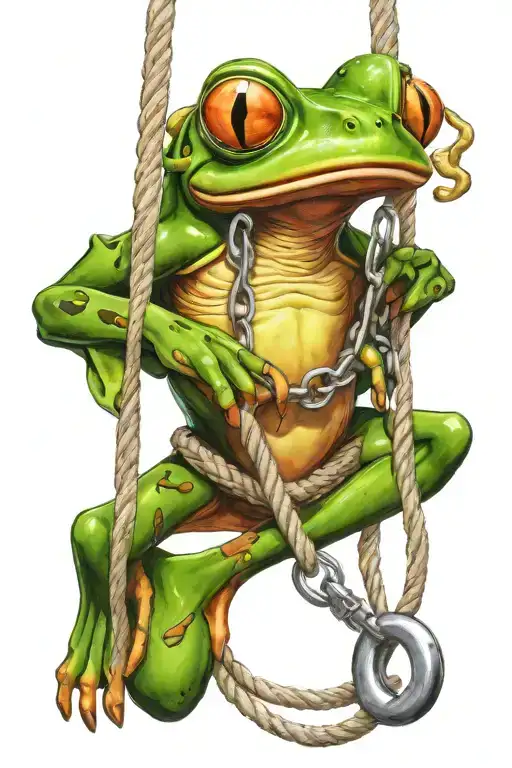 Frog With Carabiners And Climbing Rope Hanging