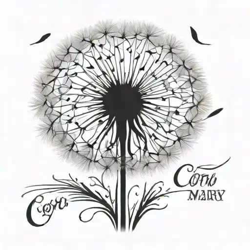 A Tattoo Of A Dandelion Blowing In The Wind With The Name Cora Mary Inscribed In A Swirling Font