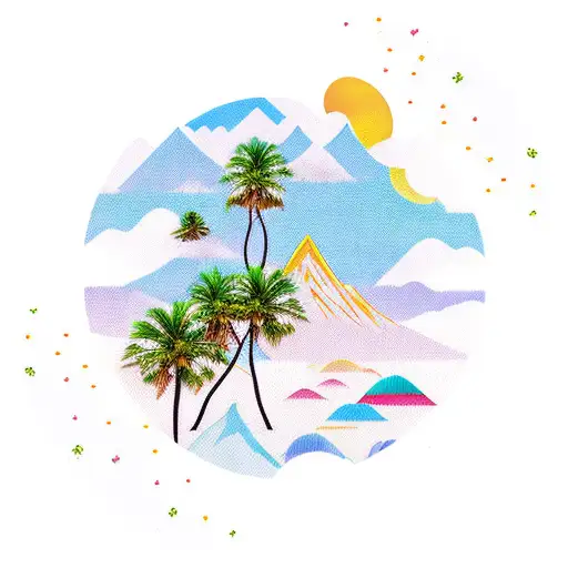 Palm Trees Three Little Birds Waves Two Mountain Peaks