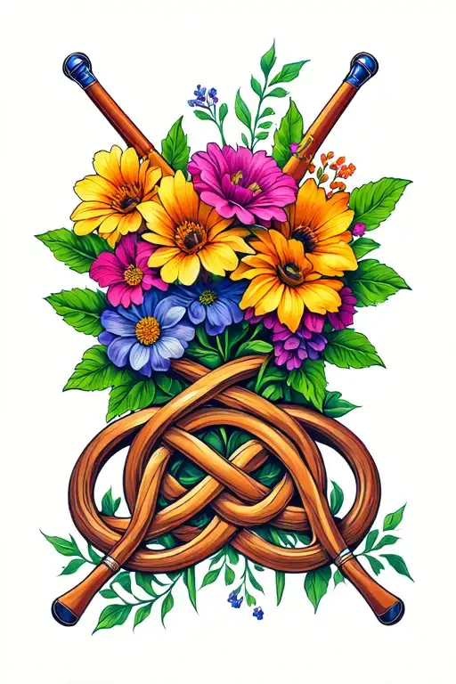 Drum Sticks And Flowers Wrapped Loosely Over A Celtic Knot