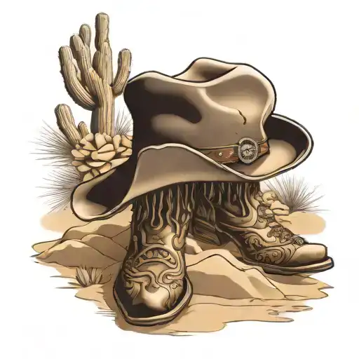 Cowboy Boots And Hat Surrounded By Desert