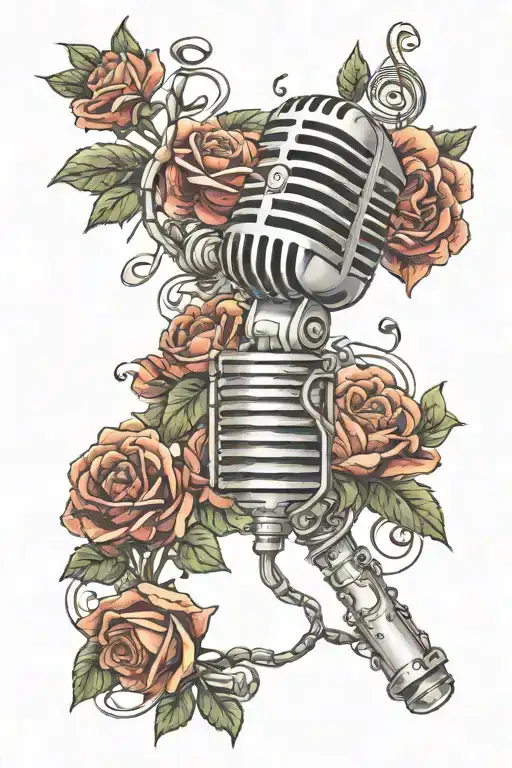 Microphone Intertwined With Flowers And Music Notes