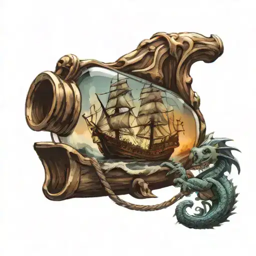 Pirate Ship In A Glass Bottle With A Dragon Perched On The Main Mast