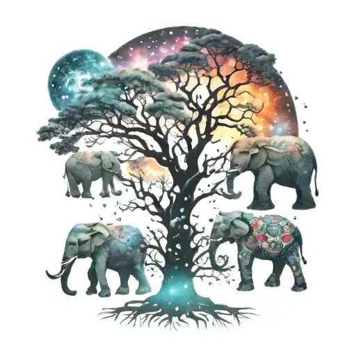 Tree Of Life With Elephants And Galaxy Background