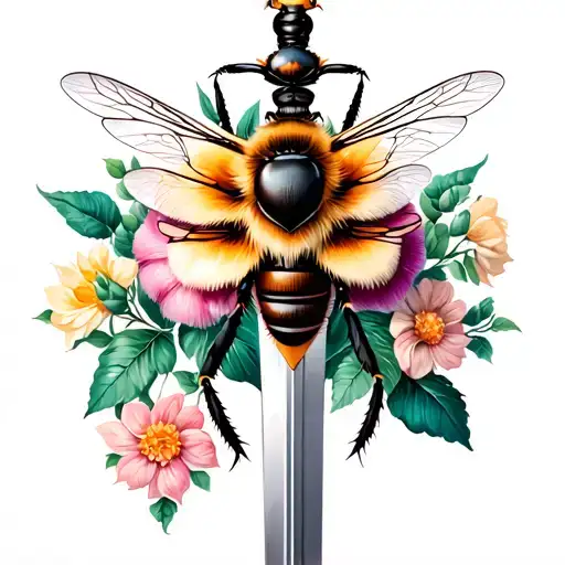 Bee And Flower And Sword Spine Tatoo