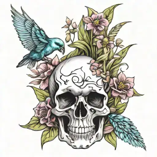 Skull And Bird And Flower And Grass And Kittens Sleeping