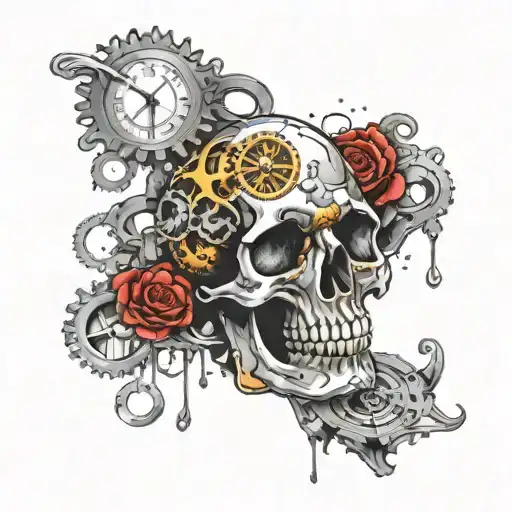 Skull Time Melting Timepiece With Gears Intertwined