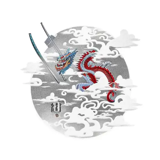 Samurai With A Dragon Surrounding The Temple And A Cherry Blossom Tree