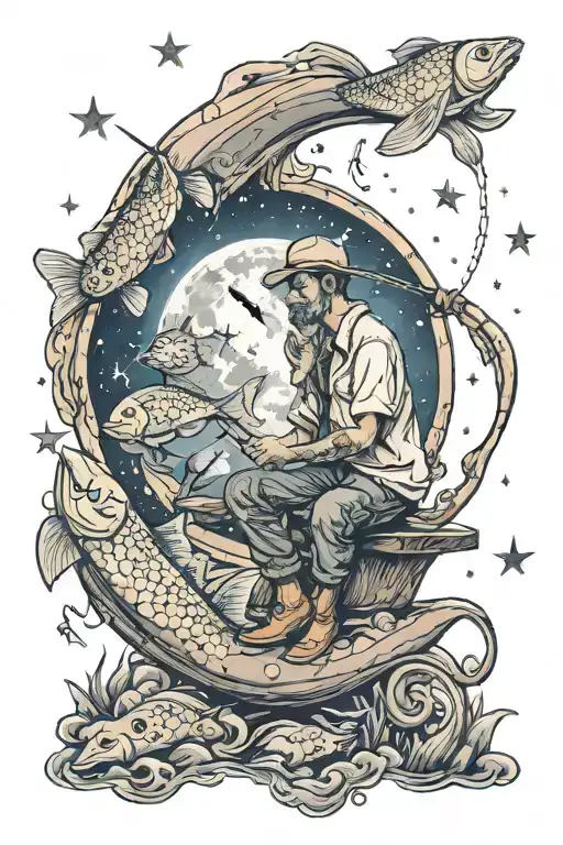 Man Sitting On Crescent Moon With Fishing Pole Surrounded By Fish And Stars