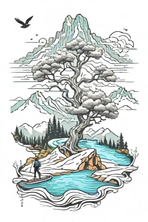 Tree And Mountains And River Flowing And Skier Carving